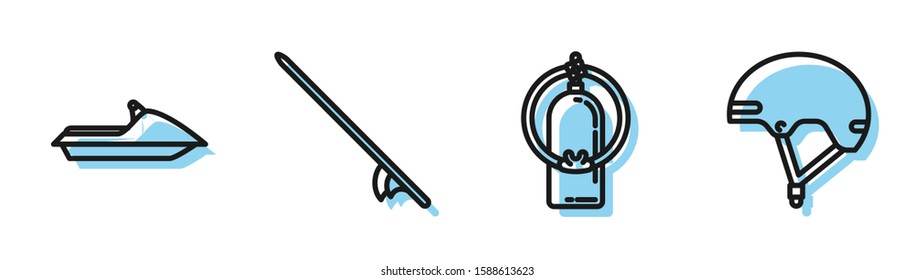 Set line Aqualung, Jet ski, Surfboard and Helmet icon. Vector