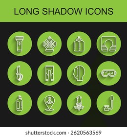 Set line Aqualung, Location with anchor, Flashlight, Octopus, Snorkel, Wetsuit, Diving mask and hood icon. Vector
