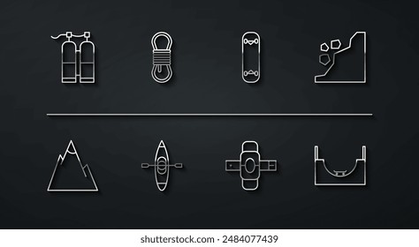 Set line Aqualung, Mountains, Landslide, Knee pads, Kayak or canoe, Climber rope, Skate park and Skateboard trick icon. Vector