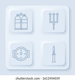 Set line Aqualung, Neptune Trident, Wind rose and Army knife. White square button. Vector