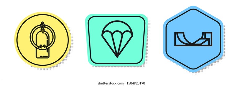 Set line Aqualung, Parachute and Skate park. Colored shapes. Vector