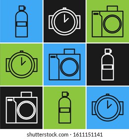 Set line Aqualung, Photo camera for diver and Diving watch icon. Vector