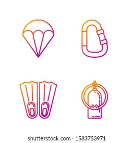 Set line Aqualung, Rubber flippers for swimming, Parachute and Carabiner. Gradient color icons. Vector