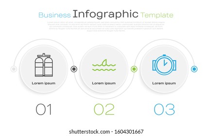 Set line Aqualung, Shark fin in ocean wave and Diving watch. Business infographic template. Vector