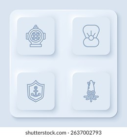Set line Aqualung, Shell with pearl, Anchor inside shield and Octopus. White square button. Vector