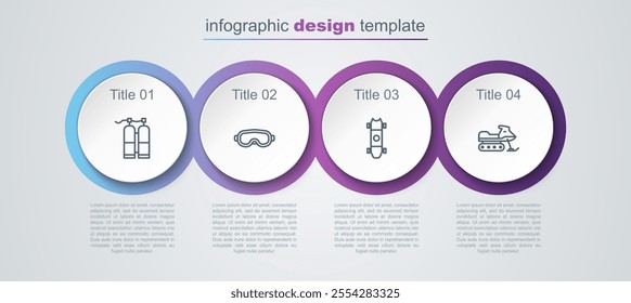 Set line Aqualung, Ski goggles, Longboard or skateboard and Snowmobile. Business infographic template. Vector