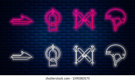 Set line Aqualung, Ski and sticks, Jet ski and Helmet. Glowing neon icon on brick wall. Vector