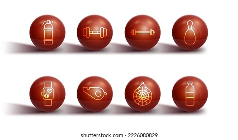 Set line Aqualung, Smart watch showing heart beat rate, Bowling pin, Classic dart board, Whistle, Dumbbell, Bottle of water and Barbell icon. Vector
