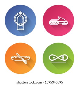 Set line Aqualung, Snowmobile, Rafting boat and Skateboard trick. Color circle button. Vector