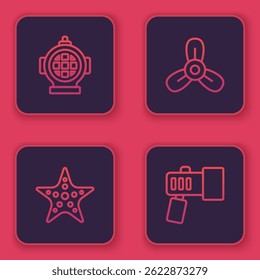 Set line Aqualung, Starfish, Boat propeller, turbine and Flashlight. Blue square button. Vector