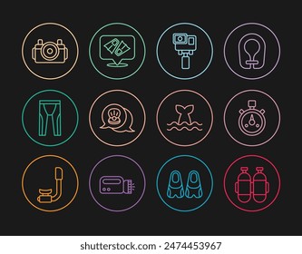 Set line Aqualung, Stopwatch, Action extreme camera, Scallop sea shell, Wetsuit for scuba diving, Photo diver, Whale tail and Flippers swimming icon. Vector