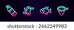 Set line Aqualung, Swiss army knife, Fish and Fishing net. Glowing neon icon. Vector