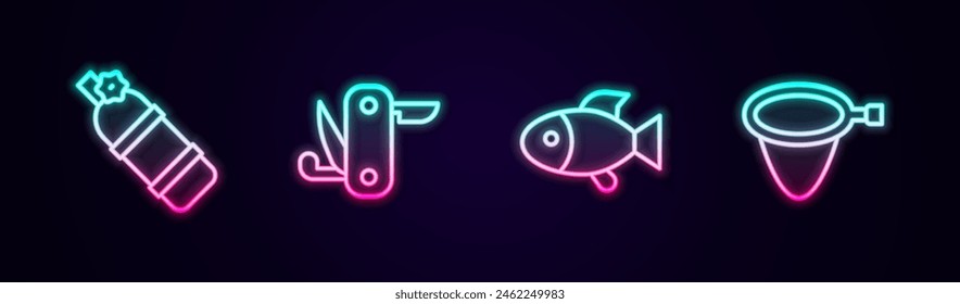 Set line Aqualung, Swiss army knife, Fish and Fishing net. Glowing neon icon. Vector