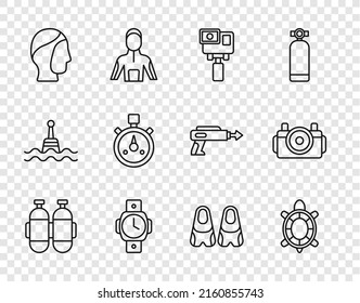 Set line Aqualung, Turtle, Action extreme camera, Diving watch, hood, Stopwatch, Flippers for swimming and Photo diver icon. Vector