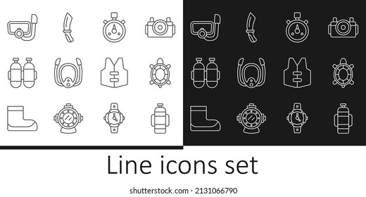 Set line Aqualung, Turtle, Stopwatch, Diving mask with snorkel, Life jacket and knife icon. Vector