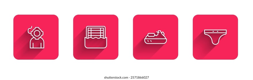 Set line Aqualung, Water polo, Jet ski and Swimming trunks with long shadow. Red square button. Vector