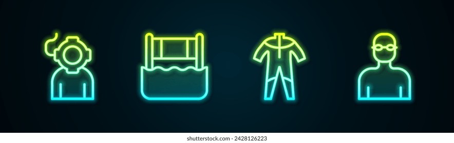 Set line Aqualung, Water volleyball net, Wetsuit for scuba diving and Swimmer. Glowing neon icon. Vector