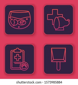 Set line Aquarium with fish, Clipboard with medical clinical record pet, Veterinary clinic symbol and Dustpan. Blue square button. Vector