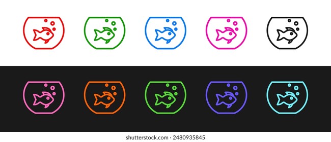 Set line Aquarium with fish icon isolated on black and white background. Round glass aquarium. Aquarium for home and pets.  Vector