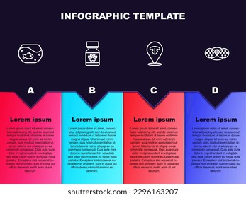 Set line Aquarium with fish, Medicine bottle and pills, Cat nose and . Business infographic template. Vector