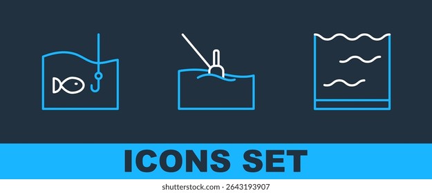 Set line Aquarium, Fishing hook with fish and float water icon. Vector