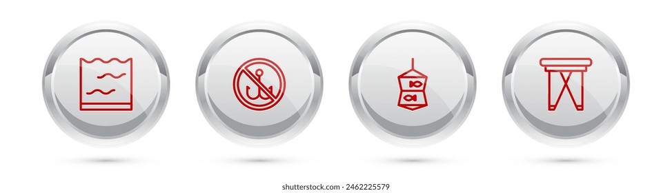 Set line Aquarium, No fishing, Fishing net with and Folding chair. Silver circle button. Vector