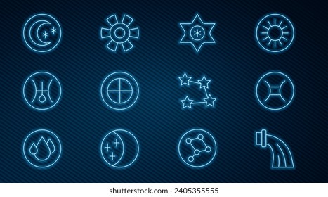 Set line Aquarius zodiac, Gemini, Falling star, Earth globe, Symbol Uranus, Moon and stars, Star constellation and Sun icon. Vector