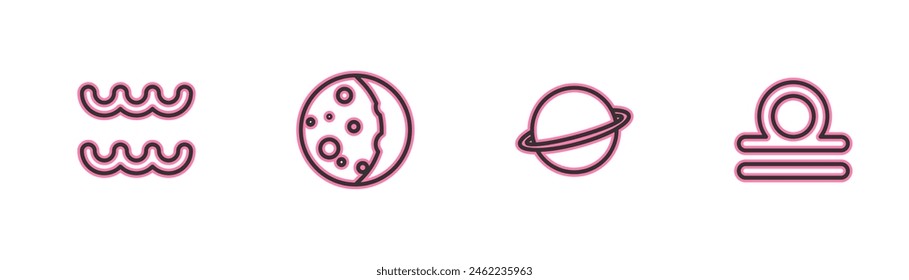 Fijar línea Acuario zodiaco, Planeta Saturno, Eclipse de sol e icono Libra. Vector