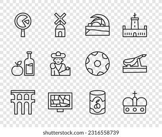Set line Aqueduct of Segovia, Crown spain, Concert hall de Tenerife, Picture art, Omelette frying pan, Bullfight, matador, Olives can and Spanish jamon icon. Vector