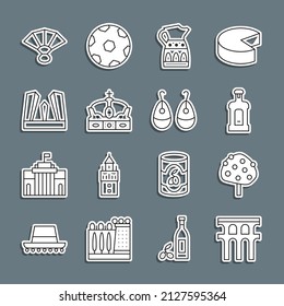 Set line Aqueduct of Segovia, Orange tree, Orujo, Sangria pitcher, Crown spain, Gate Europe, Fan flamenco and Earrings icon. Vector