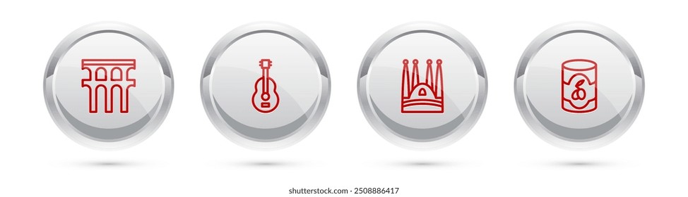 Set line Aqueduct of Segovia, Spanish guitar, Sagrada Familia and Olives in can. Silver circle button. Vector