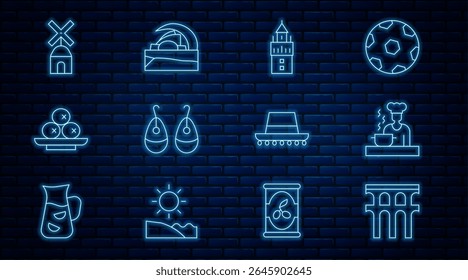Set line Aqueduct of Segovia, Spanish cook, Giralda, Earrings, Olives on plate, Windmill, hat and Concert hall de Tenerife icon. Vector
