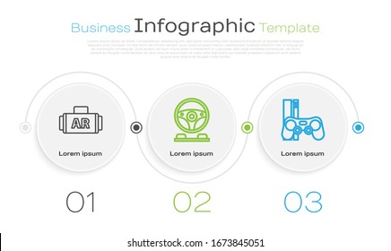 Set line Ar, augmented reality, Racing simulator cockpit and Game console with joystick. Business infographic template. Vector
