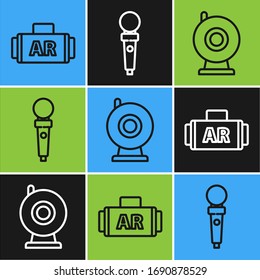 Set line Ar, augmented reality, Web camera and Joystick for arcade machine icon. Vector