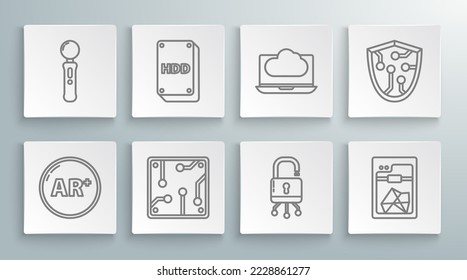 Set line Ar, augmented reality, Hard disk drive HDD, Processor, Lock on digital circuit board, 3D printer, Cloud technology data transfer and storage, Cyber security and Gamepad icon. Vector
