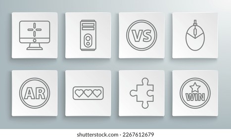 Set line Ar, augmented reality, Computer, Like and heart, Piece of puzzle, Medal, VS Versus battle, mouse gaming and monitor icon. Vector