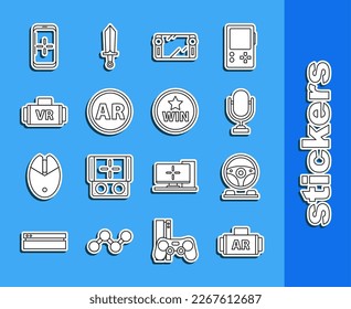 Fijar la línea Ar, realidad aumentada, cabina de simulador de carreras, Micrófono, consola de videojuegos portátil, gafas virtuales, Smartphone e icono de juego y Medalla. Vector