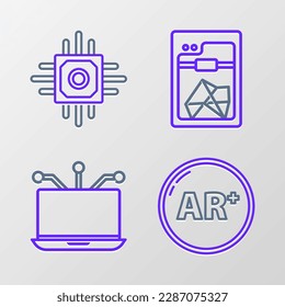 Set line Ar, augmented reality, Laptop, 3D printer and Processor icon. Vector