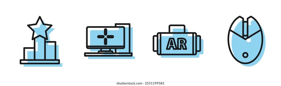 Set line Ar, augmented reality, Star, Computer monitor and Computer mouse gaming icon. Vector