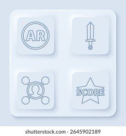 Set line Ar, realidad aumentada, Espada para juego, Compartir y Estrella. Botón cuadrado blanco. Vector