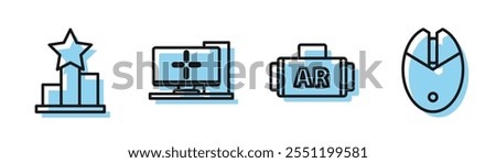 Set line Ar, augmented reality, Star, Computer monitor and Computer mouse gaming icon. Vector