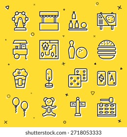 Set line Arcade game machine, Tarot cards, Burger, Bottles ball, Amusement park map, Fast street food cart, Ferris wheel and Bowling pin and icon. Vector