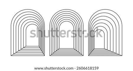 Set of line arch tunnels in trendy boho style. Window, door or portal in archway form creating depth and perspective. Ideal for abstract design, decor or decoration. Vector illustration 