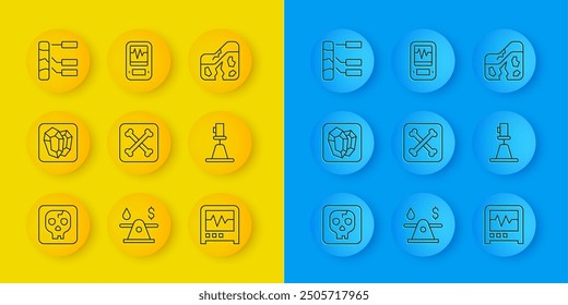 Set line Archeology, Gem stone, Seismograph, Tacheometer, theodolite, Soil analysis, Geological fault and  icon. Vector