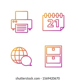 Set line Archive papers drawer, World map made from speech bubble, Printer and Calendar. Gradient color icons. Vector