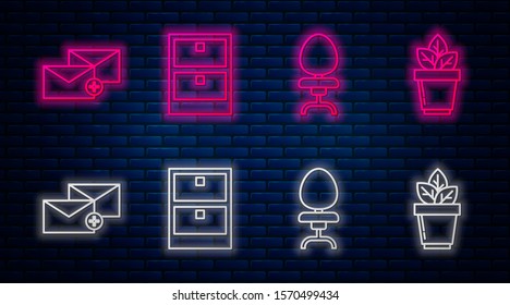Set line Archive papers drawer, Office chair, Envelope and Flowers in pot. Glowing neon icon on brick wall. Vector
