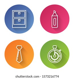 Set line Archive papers drawer, Marker pen, Tie and Briefcase. Color circle button. Vector