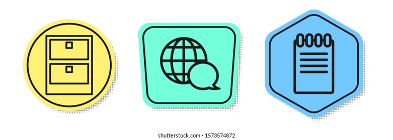 Set line Archive papers drawer, World map made from speech bubble and Notebook. Colored shapes. Vector