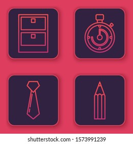 Set line Archive papers drawer, Tie, Briefcase and Pencil. Blue square button. Vector