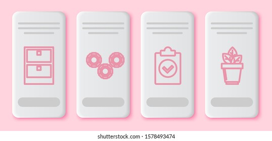 Set line Archive papers drawer, Gear, Completed task and Flowers in pot. White rectangle button. Vector